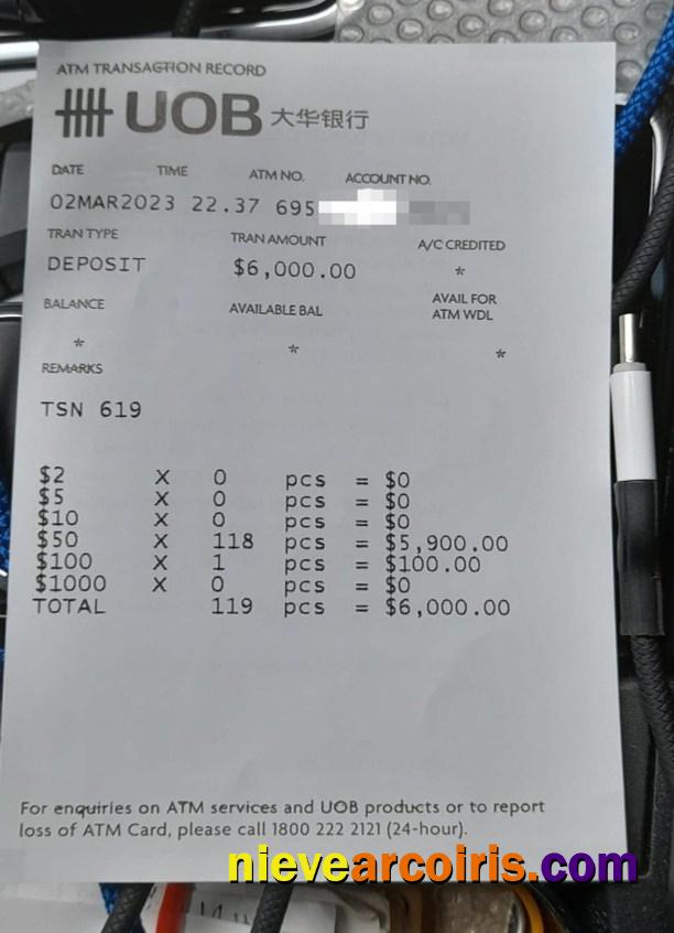 Singapore UOB bank payment slip